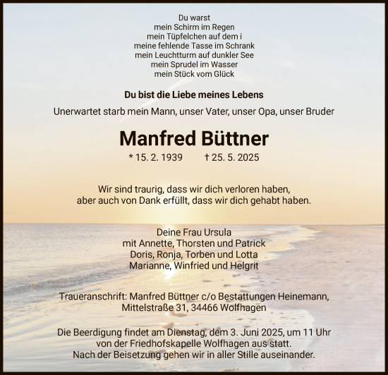 Todesanzeige von Manfred Büttner von HNA