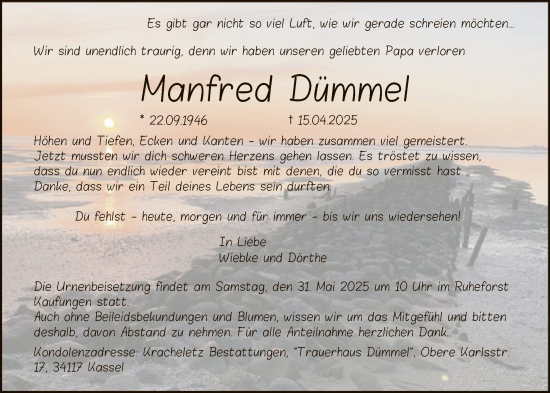 Todesanzeige von Manfred Dümmel von HNA