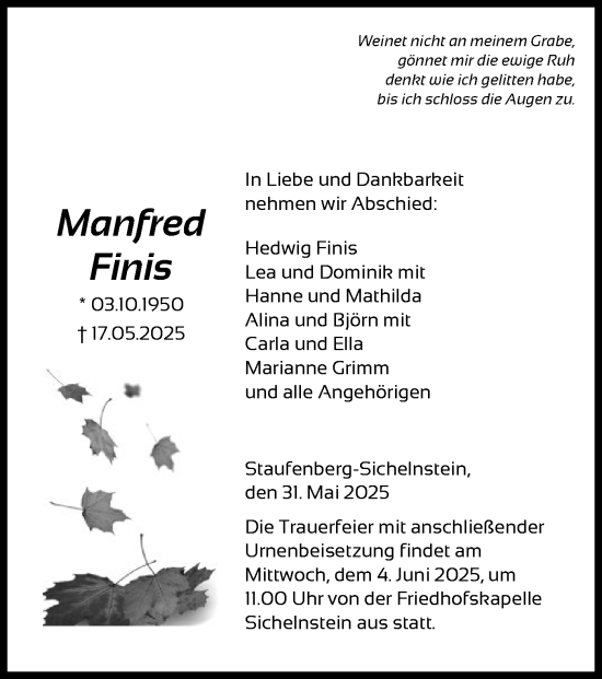 Todesanzeige von Manfred Finis von HNA