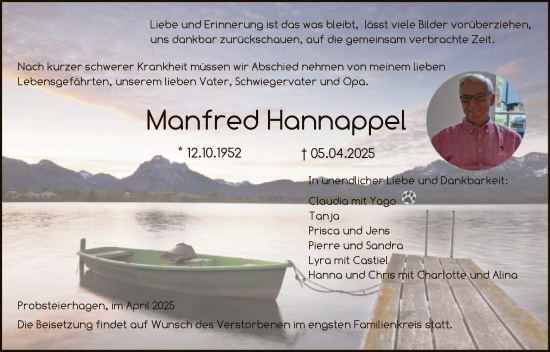Todesanzeige von Manfred Hannappel von HNA