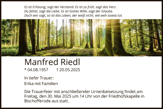 Todesanzeige von Manfred Riedl von HNAWRS