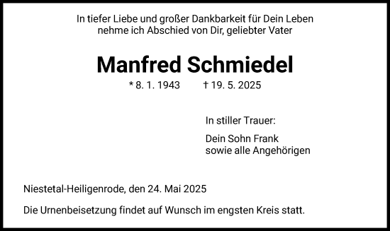 Todesanzeige von Manfred Schmiedel von HNA