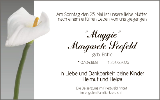 Todesanzeige von Margarete Maggie von HNA