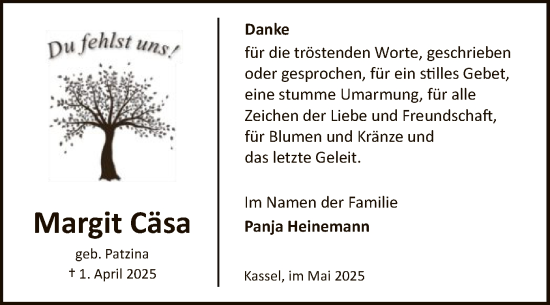 Todesanzeige von Margit Cäsa von HNA