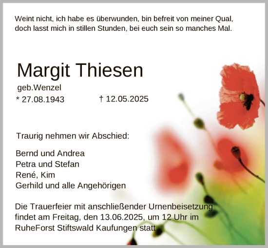 Todesanzeige von Margit Thiesen von HNA
