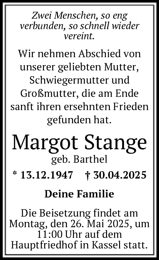 Todesanzeige von Margot Stange von HNA