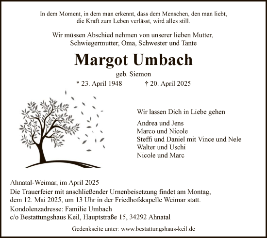 Todesanzeige von Margot Umbach von HNAHNA