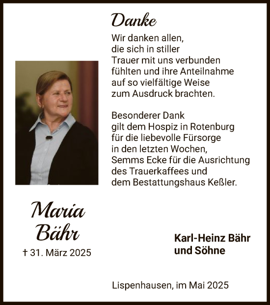 Todesanzeige von Maria Bähr von HNA