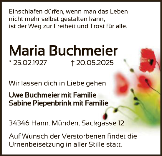 Todesanzeige von Maria Buchmeier von HNA