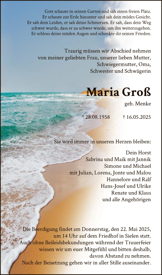 Todesanzeige von Maria Groß von HNA