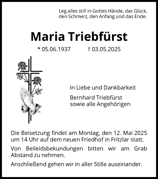 Todesanzeige von Maria Triebfürst von HNA