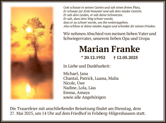 Todesanzeige von Marian Franke von HNA