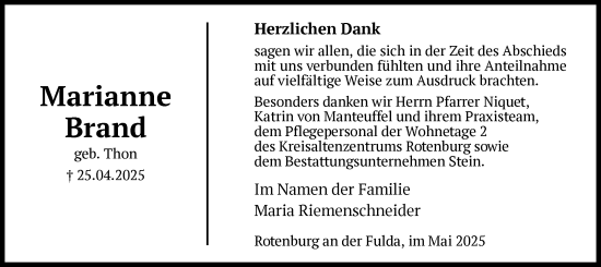 Todesanzeige von Marianne Brand von HNA