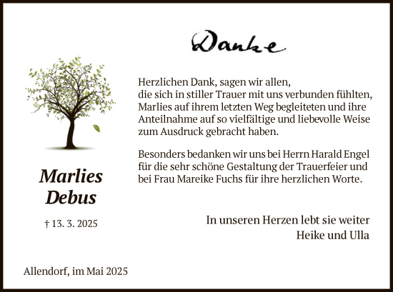 Todesanzeige von Marlies Debus von HNA