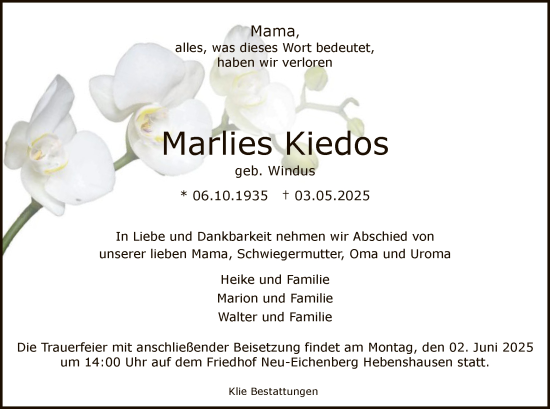 Todesanzeige von Marlies Kiedos von HNA
