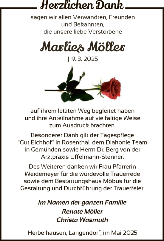 Todesanzeige von Marlies Möller von HNA
