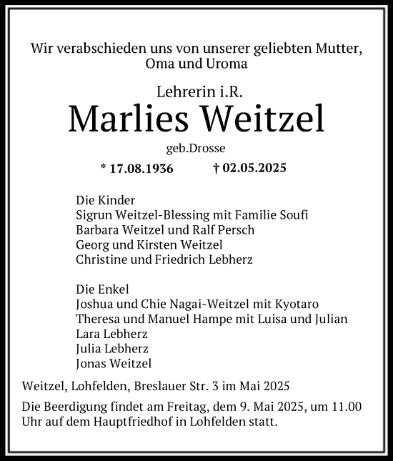 Todesanzeige von Marlies Weitzel von HNA