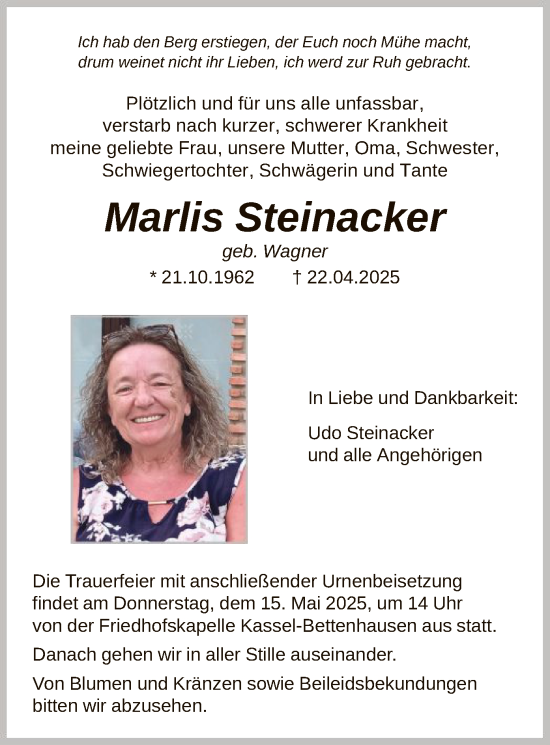 Todesanzeige von Marlis Steinacker von HNA