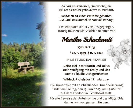 Todesanzeige von Martha Schuchardt von HNAHN