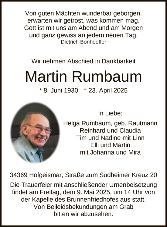 Todesanzeige von Martin Rumbaum von HNA