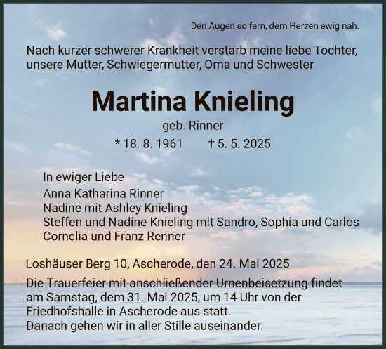 Todesanzeige von Martina Knieling von HNA