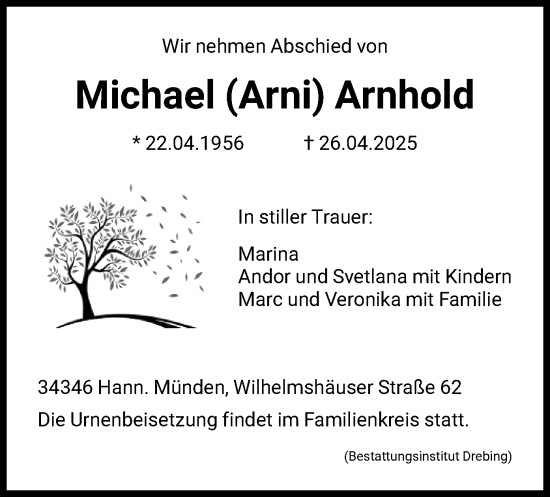 Todesanzeige von Michael Arnhold von HNA