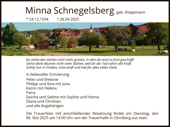 Todesanzeige von Minna Schnegelsberg von HNA