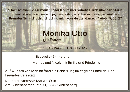 Todesanzeige von Monika Otto von HNA