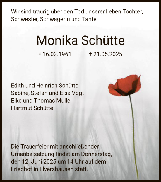 Todesanzeige von Monika Schütte von HNA