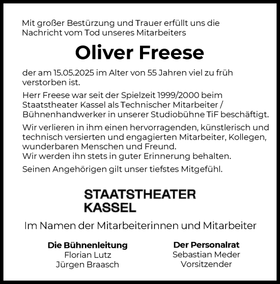 Todesanzeige von Oliver Freese von HNA