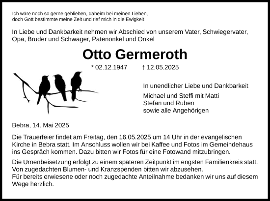 Todesanzeige von Otto Germeroth von HNA