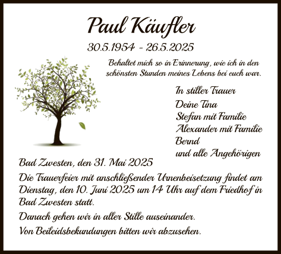 Todesanzeige von Paul Käufler von HNA