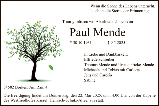 Todesanzeige von Paul Mende von HNA
