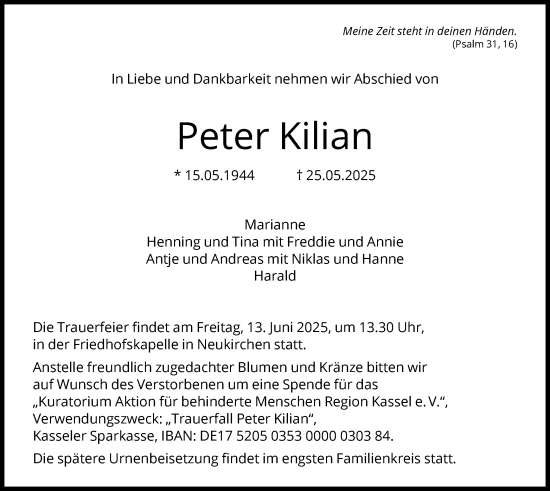 Todesanzeige von Peter Kilian von HNA