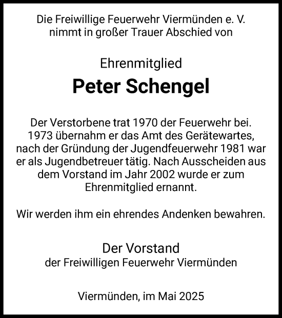 Todesanzeige von Peter Schengel von HNA