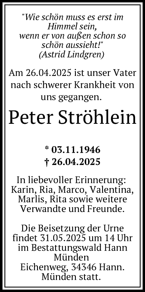 Todesanzeige von Peter Ströhlein von HNA