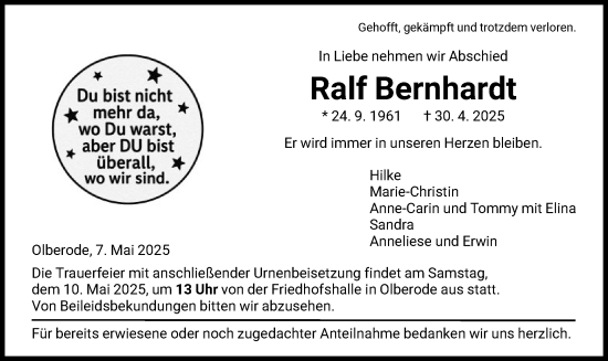 Todesanzeige von Ralf Bernhardt von HNA