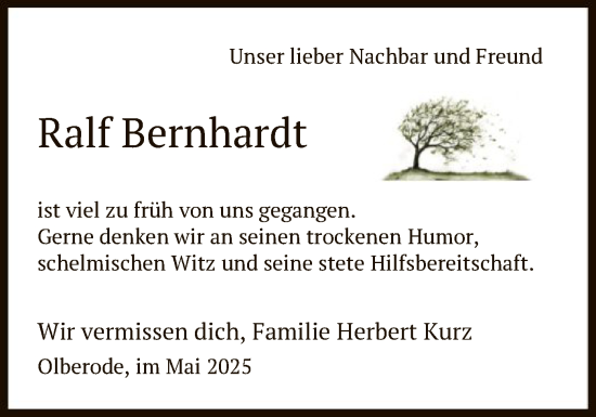 Todesanzeige von Ralf Bernhardt von HNA