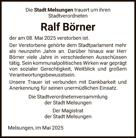 Todesanzeige von Ralf Börner von HNA