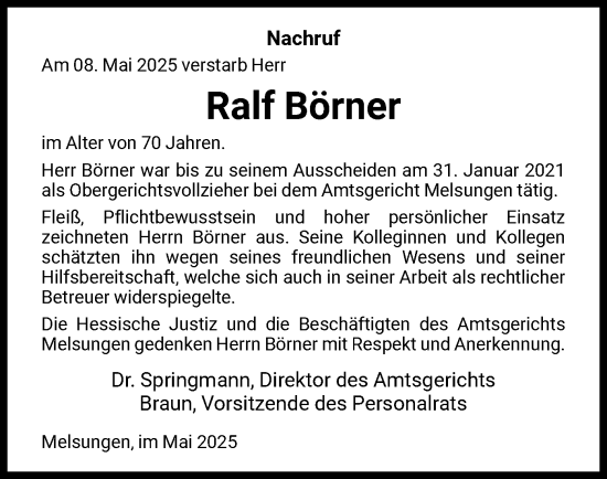 Todesanzeige von Ralf Börner von HNA