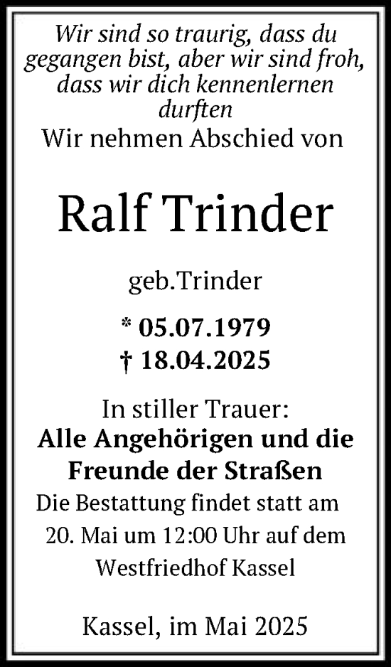 Todesanzeige von Ralf Trinder von HNA