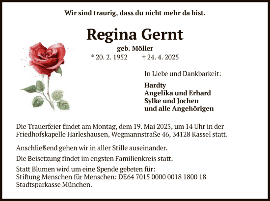 Todesanzeige von Regina Gernt von HNA