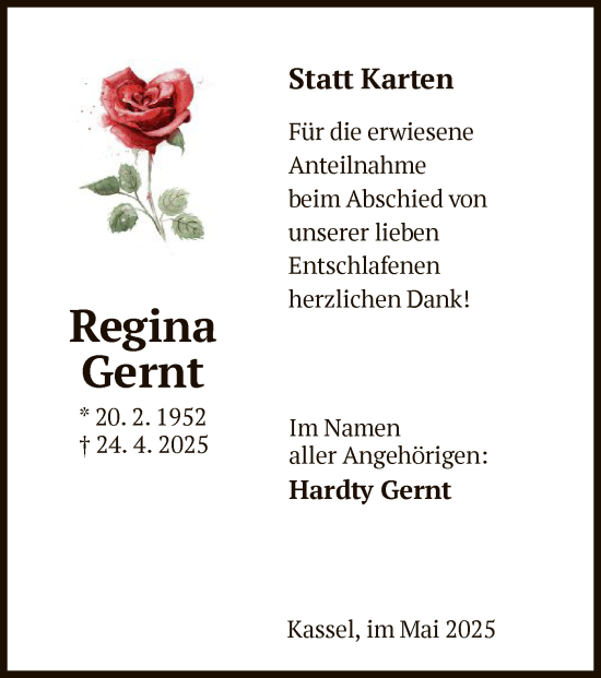 Todesanzeige von Regina Gernt von HNA