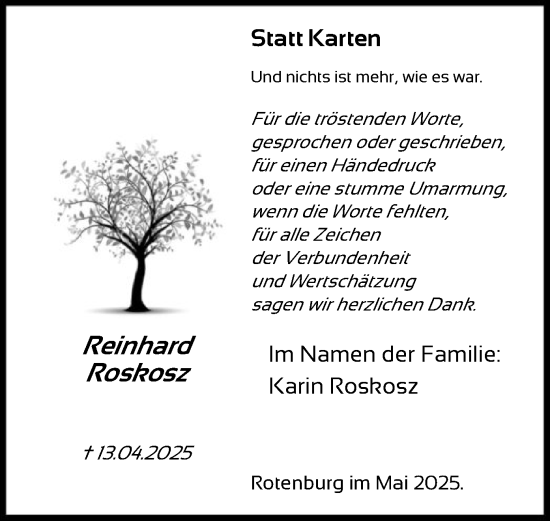 Todesanzeige von Reinhard Roskosz von HNA