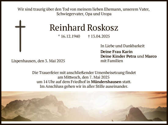 Todesanzeige von Reinhard Roskosz von HNA