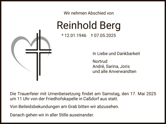 Todesanzeige von Reinhold Berg von HNA