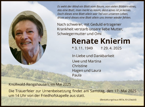 Todesanzeige von Renate Knierim von HNA