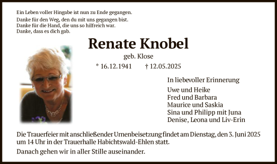 Todesanzeige von Renate Knobel von HNA