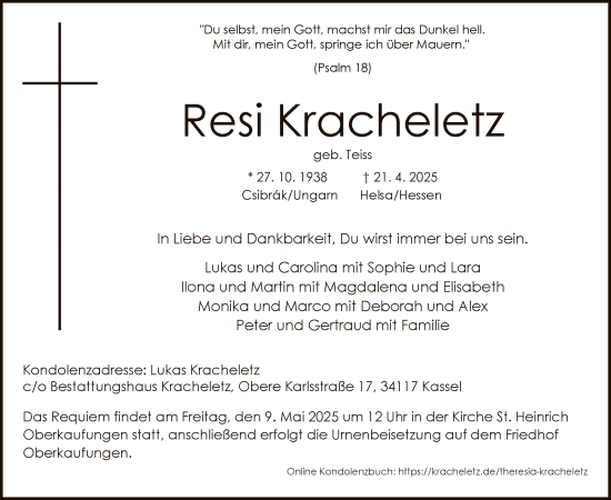 Todesanzeige von Resi Kracheletz von HNA