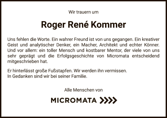 Todesanzeige von Roger René Kommer von HNA